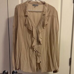 EUC 100% Silk Classiques Entier Elegant Tan Ruffle Button Up Blouse Size XL